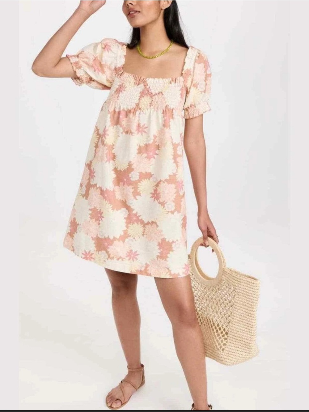 Faherty Ramona White Mini Dress Organic Cotton Smocked Size Medium Boho Peasant